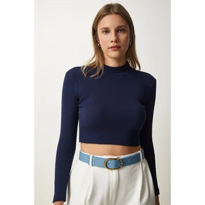 Happiness İstanbul Women's Navy Blue Corded Turtleneck Crop Knitted Blouse