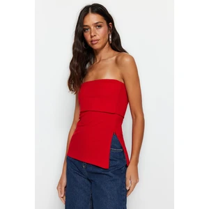 Trendyol Red Crepe Knitted Blouse with a Strapless Collar and Zipper on the Side