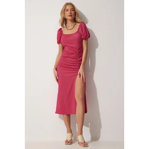 Happiness İstanbul Women's Dark Pink Gathered Wrap Summer Knitted Dress