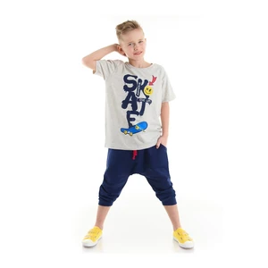 Mushi Blue Skateboarding Boys White T-shirts, Navy Blue Capri Shorts Set.