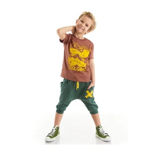 Denokids Cool Gang Boys' Brown T-shirt with Khaki Capri Shorts Set.