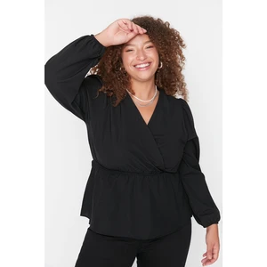 Trendyol Curve Black Double Breasted Collar Smocked Woven Blouse