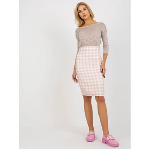 Peach and white woolen tweed pencil skirt