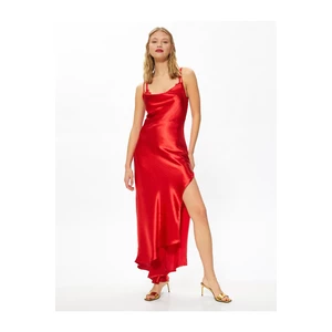 Koton Evening Dress in Satin with Long Slit Plunging Collar
