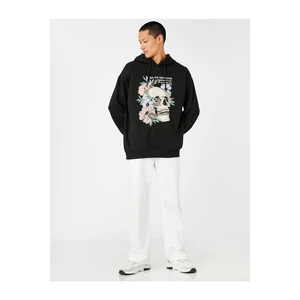 Koton Hooded Oversize Sweatshirt Raised Skull Printed