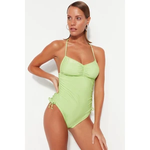 Trendyol Green Strapless Pleated Textured High Leg Swimsuit