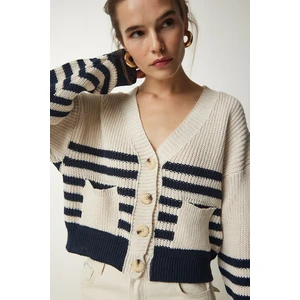 Happiness İstanbul Women's Beige Navy Striped Knitwear Cardigan