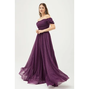 Lafaba Women's Damson Boat Neck Draped Slit Long Silvery Evening Dress