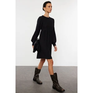 Trendyol Black Flounce Skater/Waist Closure/Textured Mini Knitted Dress