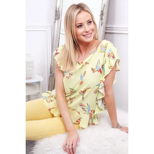 Lemon blouse with colorful birds