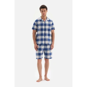 Dagi Navy Blue Shirt Collar Plaid Weave Pajamas Set