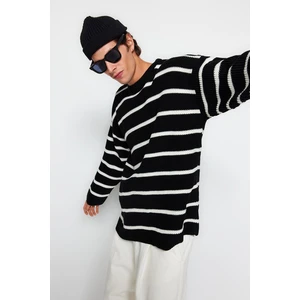 Trendyol Black Unisex Oversize Fit Wide Fit Crew nyakú csíkos kötöttáru pulóver