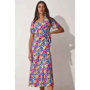 Happiness İstanbul Women's Pink Blue Floral Viscose Viscose Collar Summer Dress