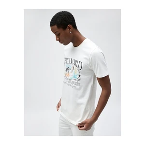 Koton Slogan Printed T-Shirt with Floral Detail, Slim Fit Crew Neck Cotton.