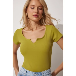 Happiness İstanbul Women's Oil Green Heart Neck Ribbed Crop Knitted Blouse