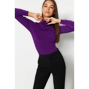 Trendyol Purple Shirring Detail Stand Collar Fitted/Long Sleeves, Fitted Knitted Stretch Blouse