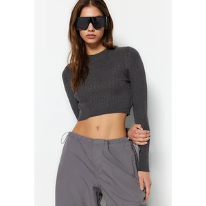 Trendyol Anthracite Crop Cotton Basic Knitwear Sweater