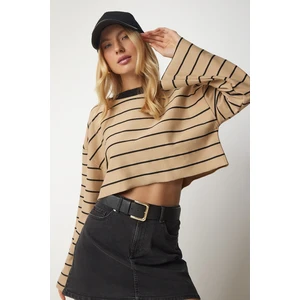 Happiness İstanbul Women's Biscuit Striped Oversized Crop Sweatshirt