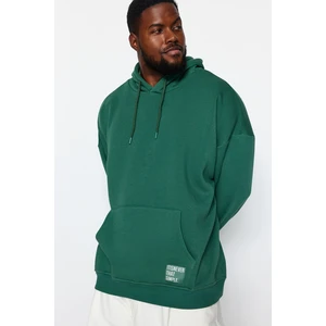 Trendyol Green Plus Size Basic Comfortable Hooded Labeled Fleece Cotton Sweatshirt