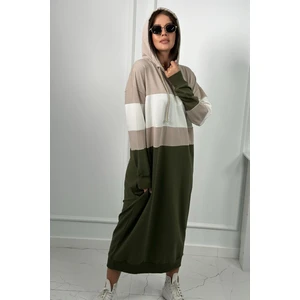 Tri-color dress with hood beige + ecru + khaki