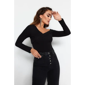 Trendyol Black Cotton Stretch Flounce testhezálló crop kötött blúz