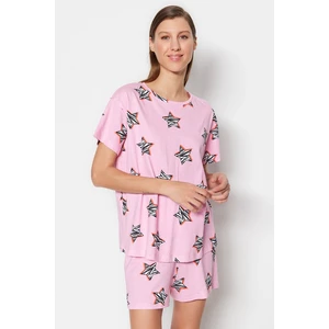 Trendyol Pink 100% Cotton Star Patterned T-shirt-Shorts Knitted Pajamas Set