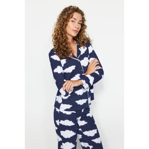 Trendyol Navy Blue 100% Cotton Shirt-Pants Knitted Pajamas Set