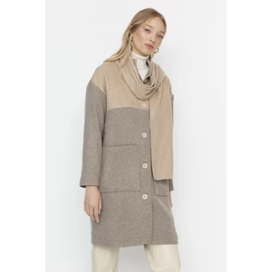 Trendyol Beige Color Block Detachable Shawl Detailed Lined Stamp Coat