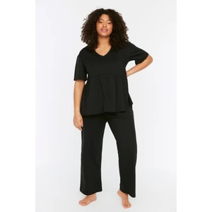 Trendyol Curve Black V-Neck Knitted Pajamas Set