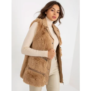 Women's camel vest made of eco-leather with fur