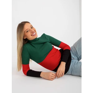 Basic dark green and black ribbed turtleneck blouse