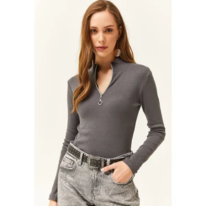 Olalook Women's Anthracite Zipper Turtleneck Lycra Blouse