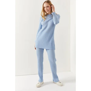 Olalook Women's Bebe Blue Top Slit Blouse Bottom Palazzo Ribbed Suit