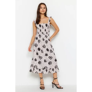 Trendyol Fitted Midi with Stone Waist and Polka Dot Floral Print Dress