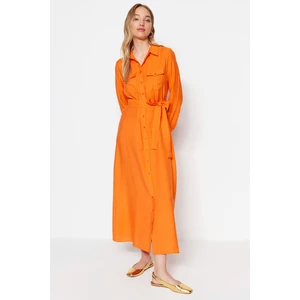 Trendyol Orange Belted Woven Shirt Dress With Pocket Detailed
