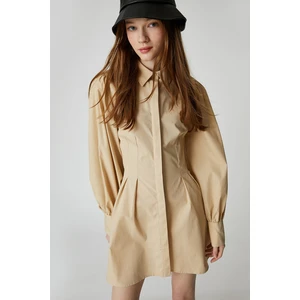 Koton Shirt Dress Waist Pleated Long Sleeve Cotton Cuff Collar