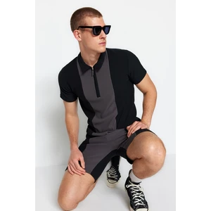 Trendyol Black-Grey Regular/Normal Cut Textured Wrinkle-Free Zippered Polo Neck T-Shirt