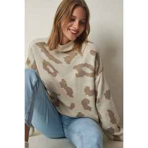 Happiness İstanbul Women's Cream Patterned High Neck Thick Knitwear Sweater