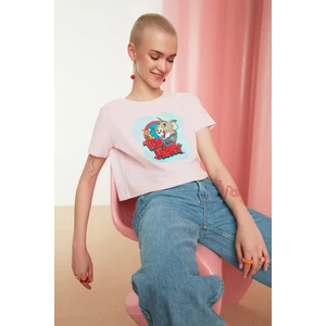 Trendyol Powder Tom and Jerry Licensed Crop Knitted T-Shirt