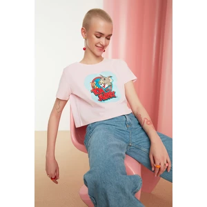 Trendyol Powder Tom and Jerry Licensed Crop Knitted T-Shirt