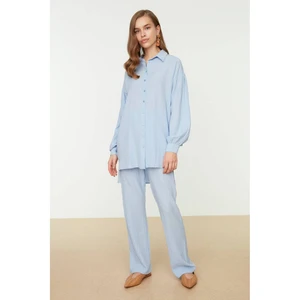 Trendyol Blue Shirt Collar Back Long Wide Leg Woven Bottom-Top Suit