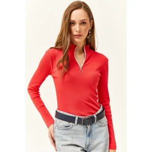 Olalook Women's Pomegranate Blossom Zipper Turtleneck Lycra Blouse