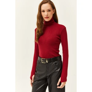 Olalook Women's Burgundy Turtleneck Finger Detailed Lycra Blouse