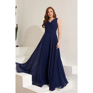 Carmen Navy Blue Chiffon Collar Long Evening Dress And Invitation Dress