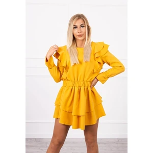 Dress with vertical flounces mustard