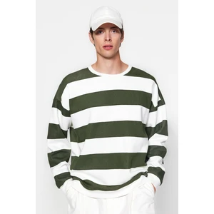 Trendyol Green Unisex Oversize/Wide-Fit Striped Fleece Cotton Sweatshirt