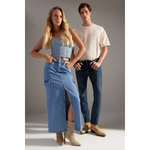 Trendyol Blue Maxi Denim Skirt with Cargo Pocket