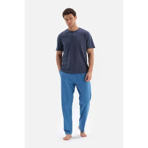 Dagi Navy Blue Half-Pleat Short Sleeved Cotton Modal Pajamas Set