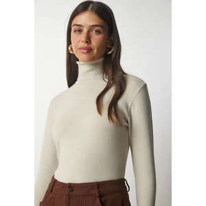 Happiness İstanbul Women's Beige Turtleneck Corduroy Knitwear Sweater