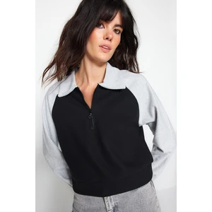 Trendyol Black Thessaloniki/Knitwear Look Color Block Zippered Polo Neck Crop Knitted Sweatshirt